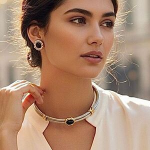 Silver and Gold Tone Choker Cuff Necklace and Clip Earring Set